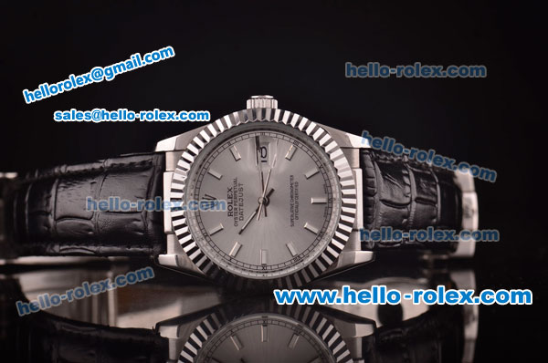 Rolex Datejust Asia 2813 Automatic Steel Case with Silver Dial and Black Leather Strap - Click Image to Close